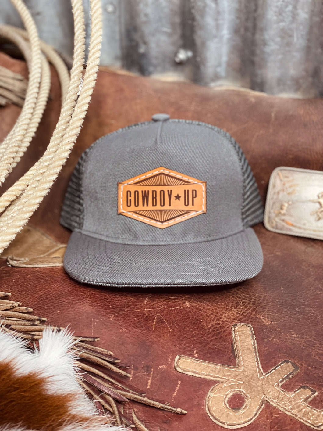 Cowboy Up Leather Patch Grey Snapback