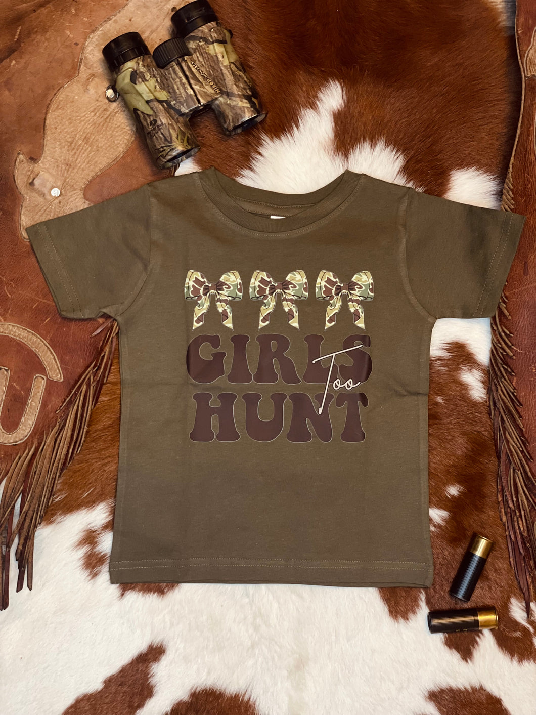 Girls Hunt Too Tee - Green Bows