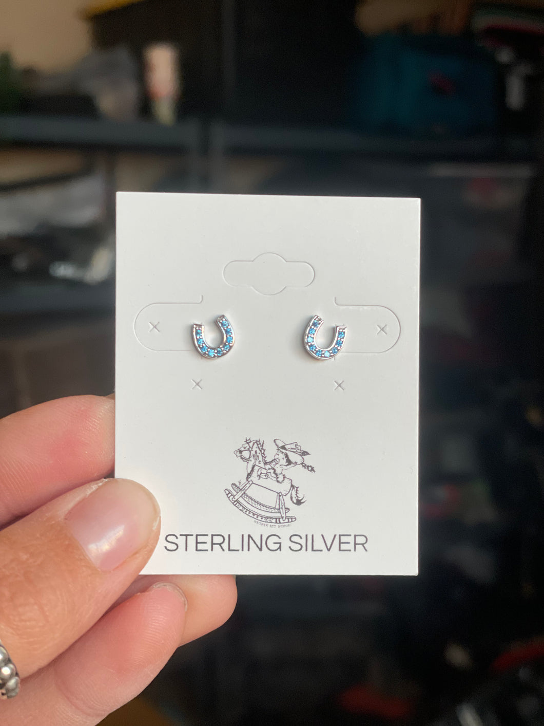 Sterling Silver Horseshoe Earrings- Blue