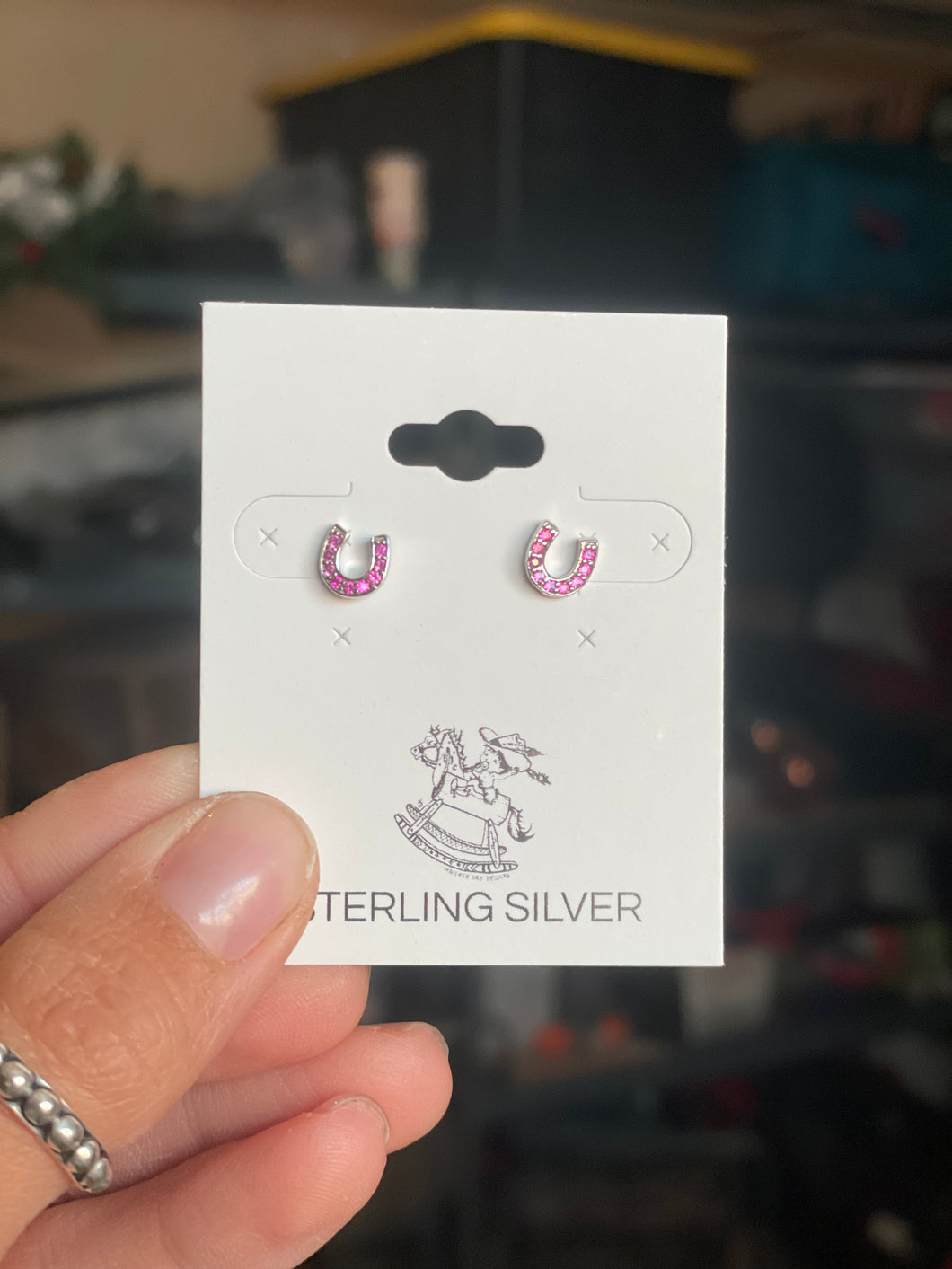 Sterling Silver Horseshoe Earrings- Pink